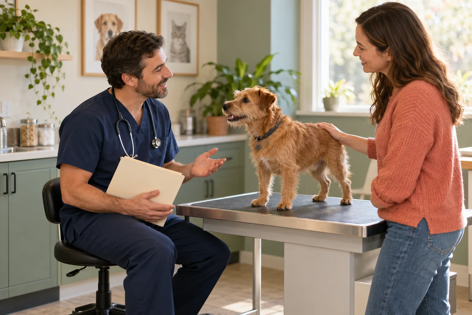 Owner discussing paperwork with a veterinary professional beside a small dog