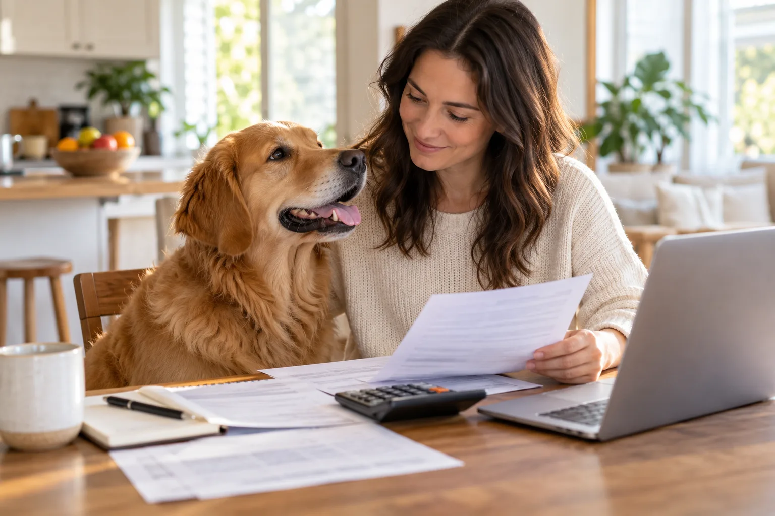 Owner reviewing papers beside a dog at a home desk